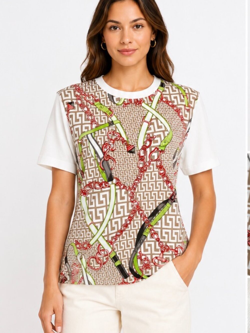 Vintage Tiana Paris Chain Print Knit Top White Geometric Designer Style Sz M /L